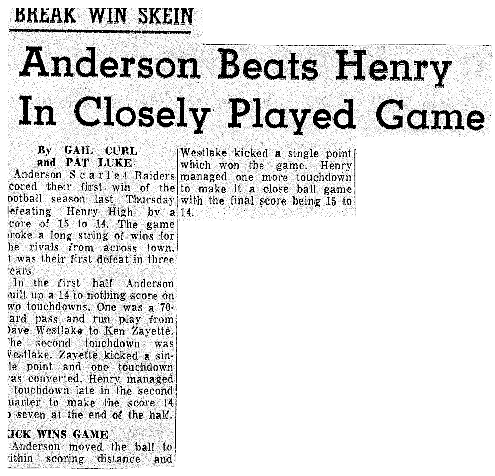 Newspaper clipping: Anderson beats Henry 15-14 — Dave Westlake scores touchdowns and kicks the winning point