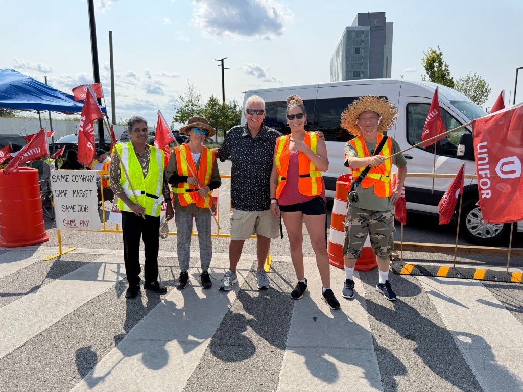 Dave Westlake and Don Rockbrune with Unifor members at the Ajax casino picket line